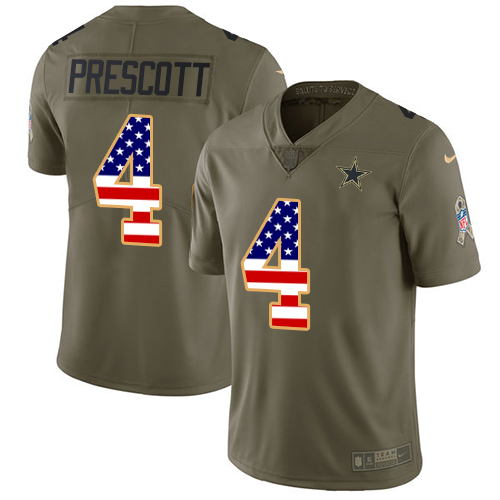 Nike Cowboys #4 Dak Prescott Olive/USA Flag Men's Stitched NFL Limited Salute To Service Jersey - Click Image to Close